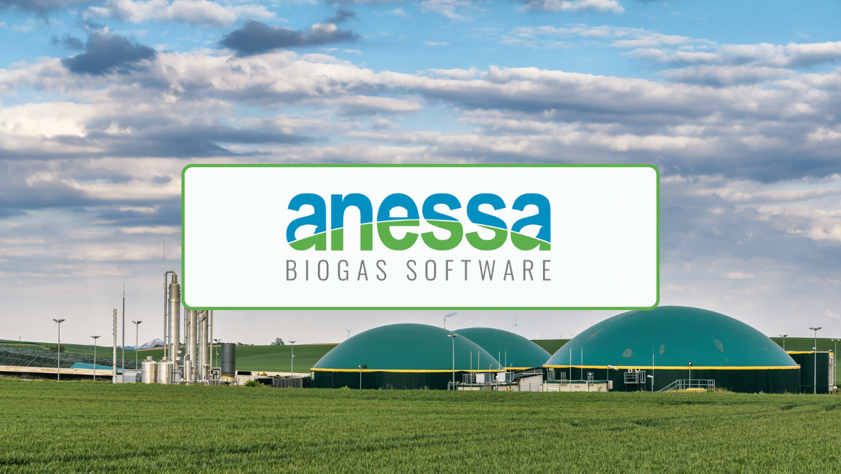 Anessa biogas software logo displayed over a modern biogas plant.
