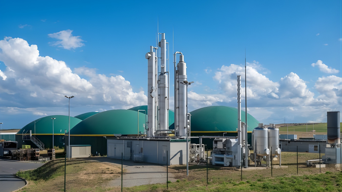 Industrial biogas plant with digesters and gas upgrading equipment outdoors