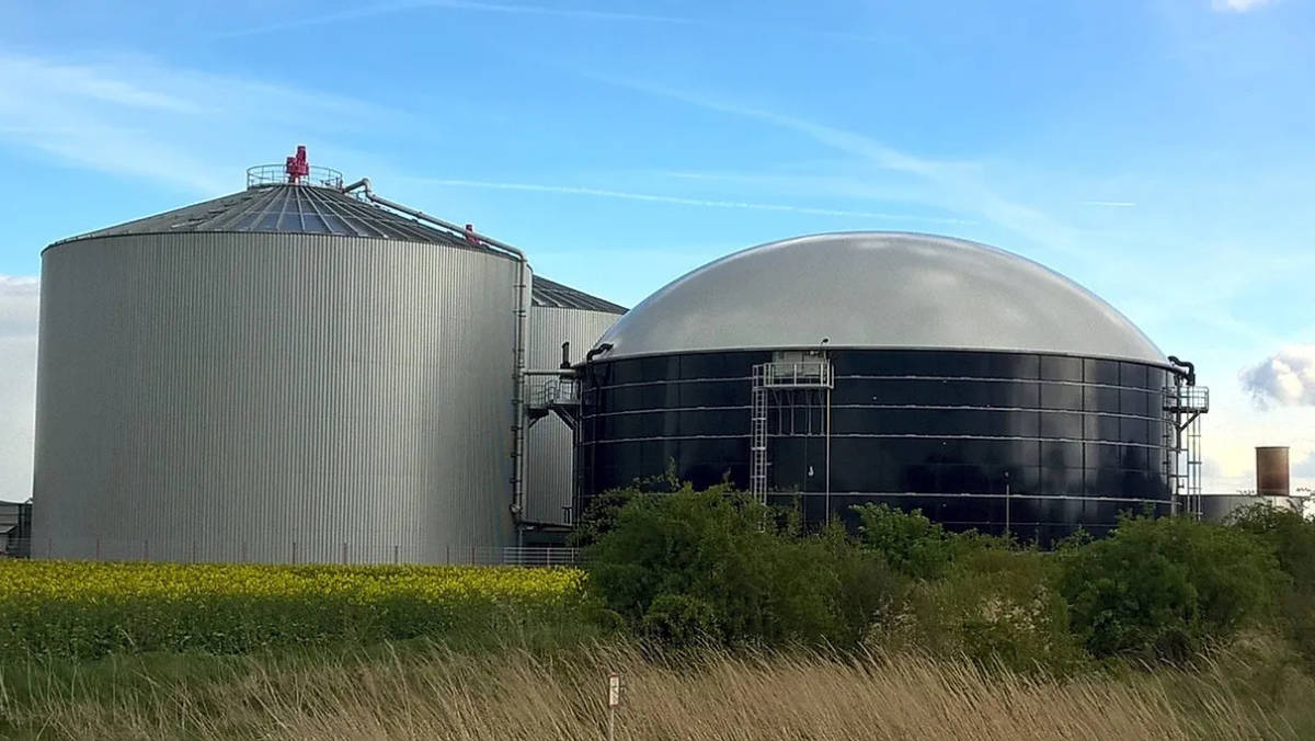 Anaerobic digester and gas storage tanks at a biogas plant