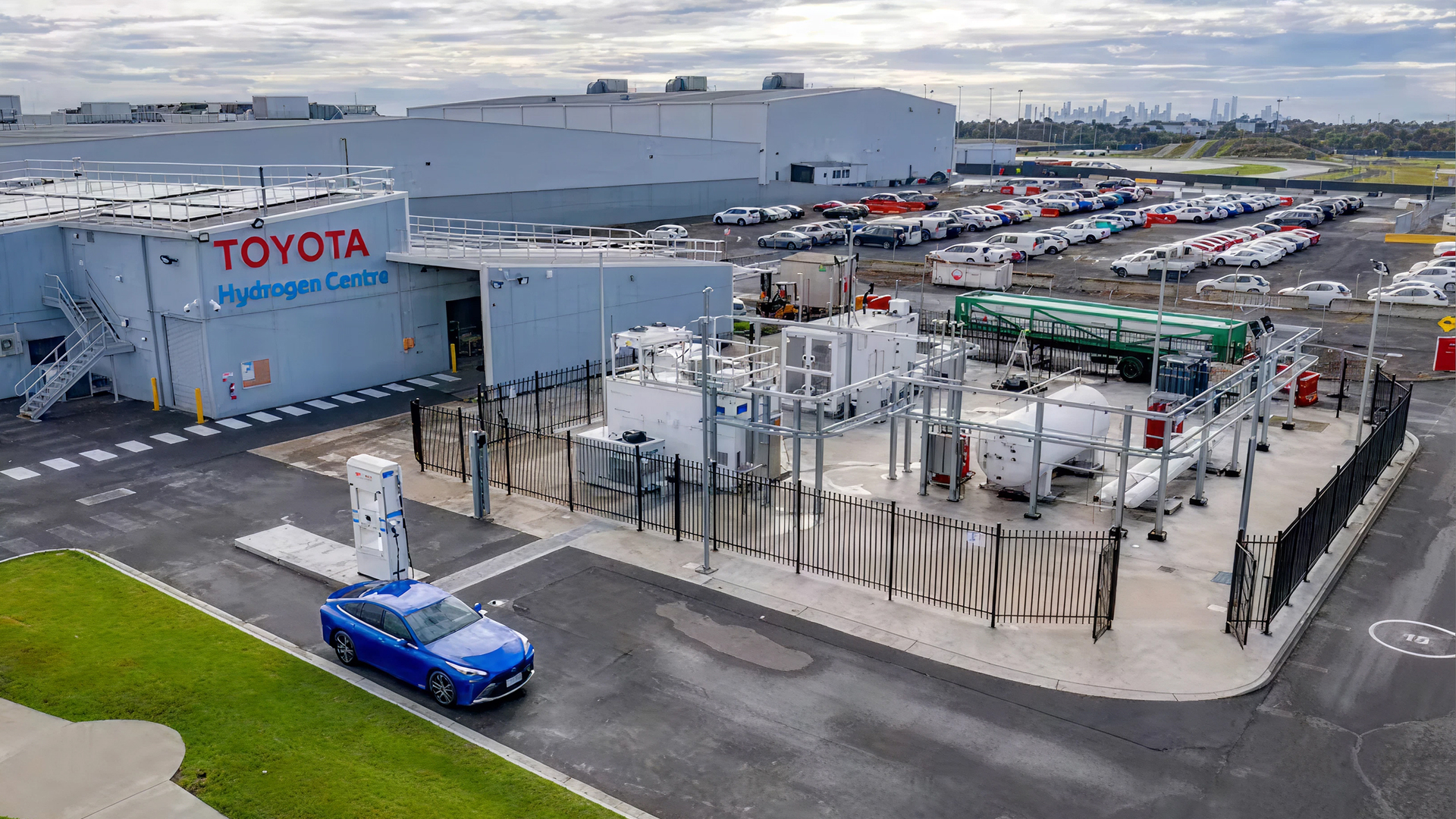 Toyota hydrogen energy facility with fueling infrastructure and clean energy vehicles on site